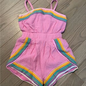 Lola + The Boys Pink Romper with Rainbow Trim